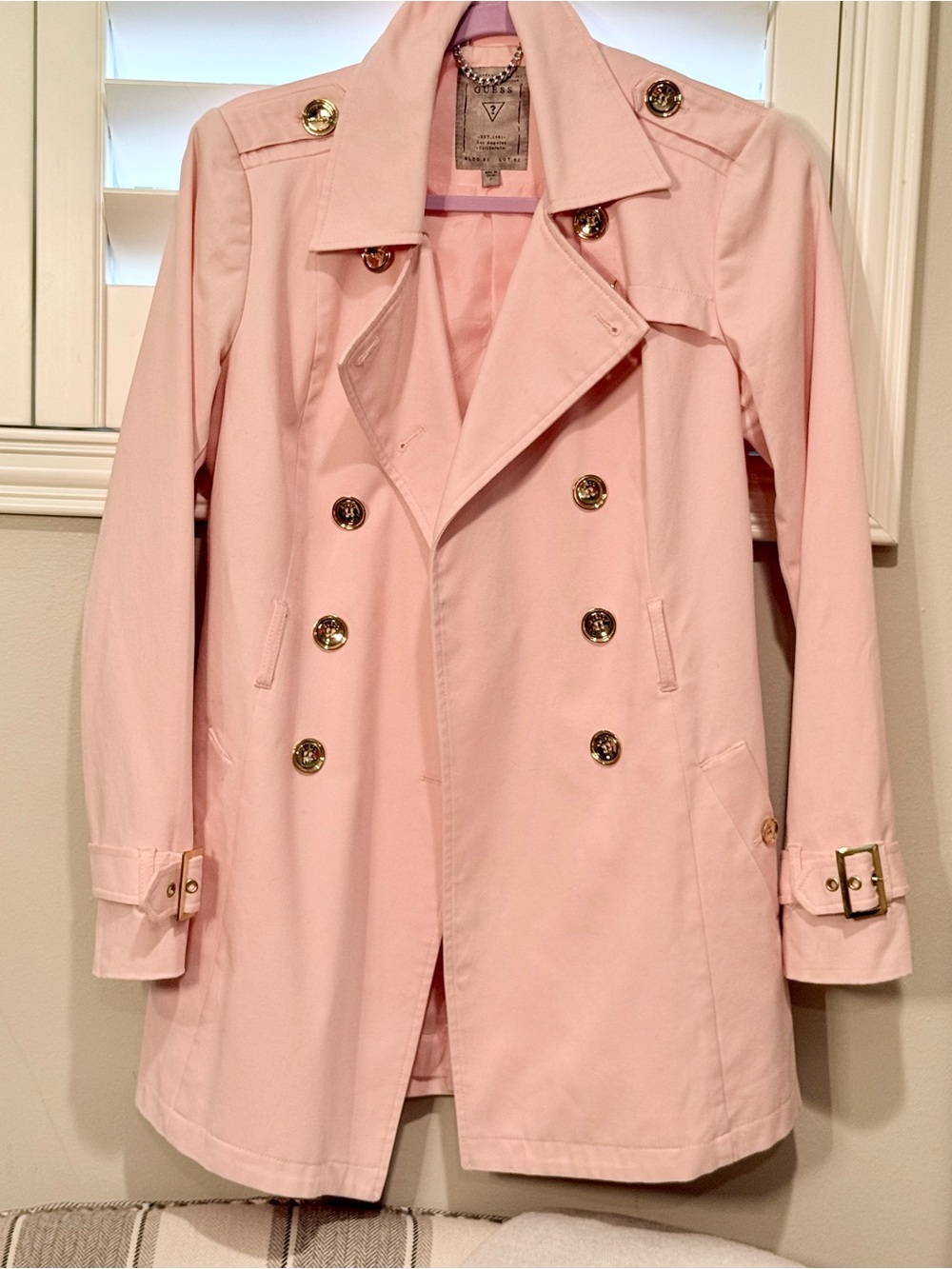 Guess Light Pink Double-Breasted Trench Coat with Gold Buttons